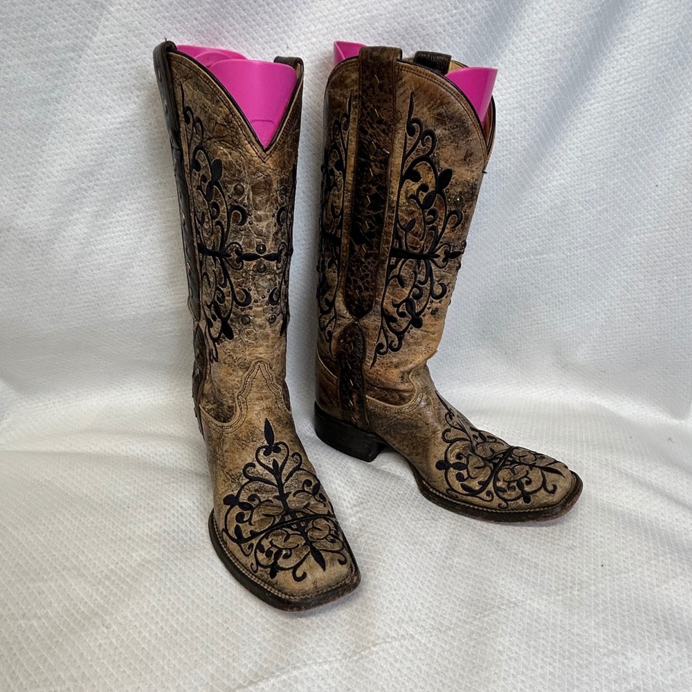 Corral Brown Distressed Leather Embroidered Studded Western Boots Women 7.5